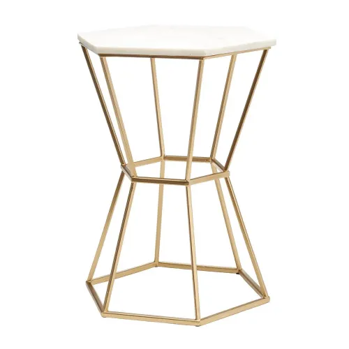 Tozai Sullivan, Hexagonal Marble Top Accent Table with Gold Base Marble