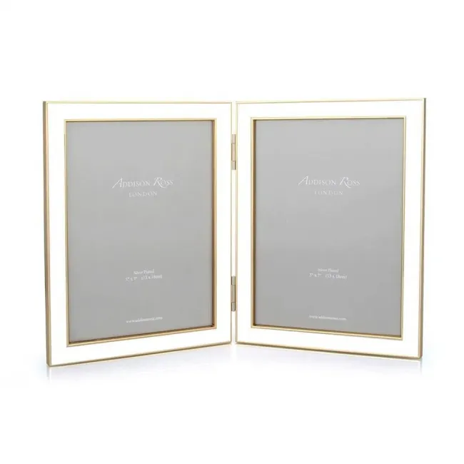 Gold Trim, White Enamel Double Picture Frame 5 x 7 in