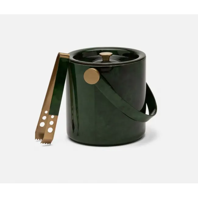 Nelson Emerald Gloss Ice Bucket W/ Tongs Vellum Leather