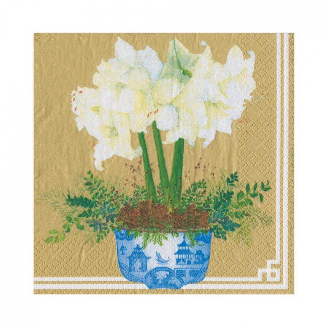 Potted Amaryllis Paper Luncheon Napkins Gold, 20 Per Pack
