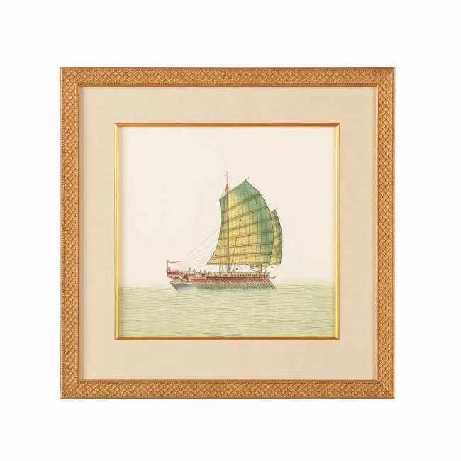 Chinese Junks Two Sails Watercolor On Silk