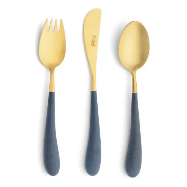 Alice 3-pc Children's Flatware Set (Knife, Fork, Spoon) - Blue Gold Matte