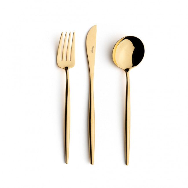 Moon Gold Polished 75 pc Set Special Order (12x: Dinner Knives, Dinner Forks, Table Spoons, Coffee/Tea Spoons, Dessert Knives, Dessert Forks; 1x: Soup Ladle, Serving Spoon, Serving Fork)