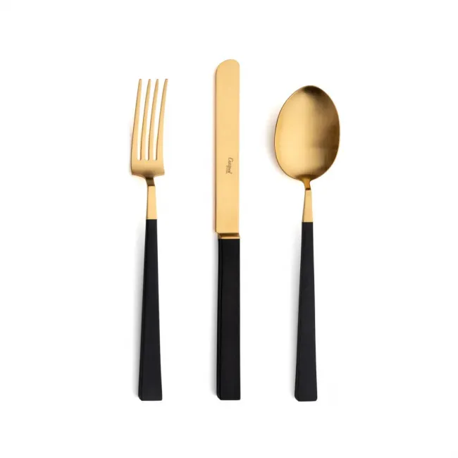 Kube Black Handle/Gold Matte 24 pc Set (6 Dinner Knives, 6 Dinner Forks, 6 Table Spoons, 6 Tea Spoons)