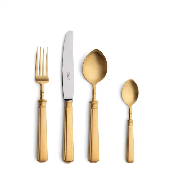 Piccadilly Gold Matte 75 pc Set Special Order (12x: Dinner Knives, Dinner Forks, Table Spoons, Coffee/Tea Spoons, Dessert Knives, Dessert Forks; 1x: Soup Ladle, Serving Spoon, Serving Fork)