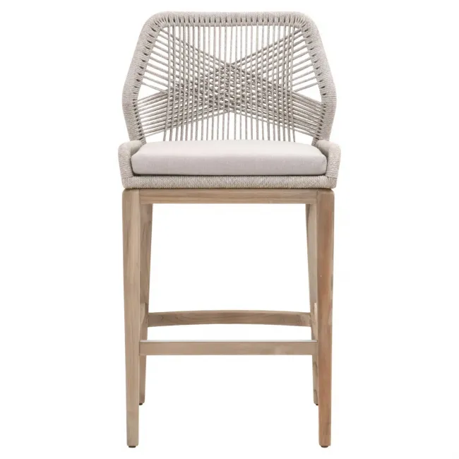 Loom Outdoor Barstool Taupe & White Flat Rope, Performance Pumice, Gray Teak Indoor/Outdoor