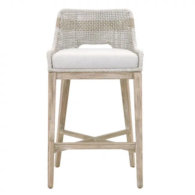 Tapestry Barstool Taupe & White Flat Rope, Taupe Stripe, Performance Pumice, Natural Gray Mahogany