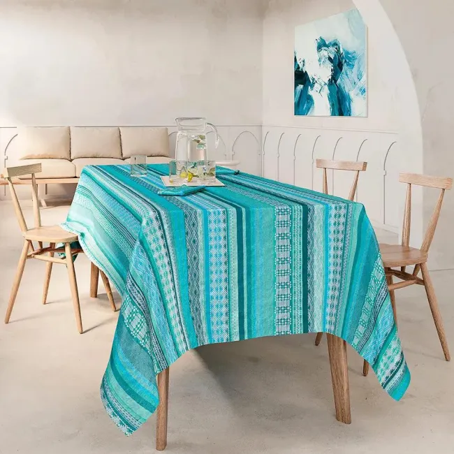 Mille Veracruz Aqua Coated Cotton Tablecloth 59" x 87"