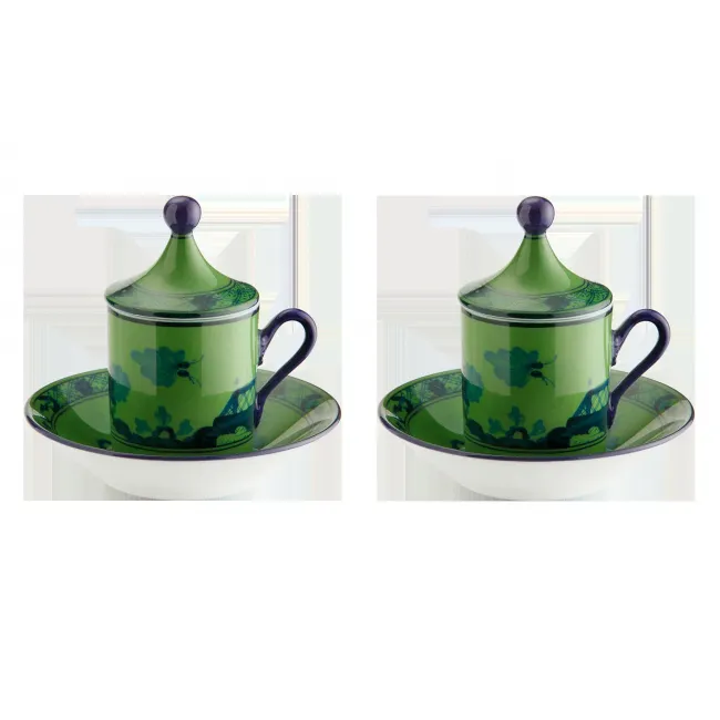 Richard Ginori Oriente Italiano Malachite Coffee Cup With Plate And Cover  Set, For Two Impero