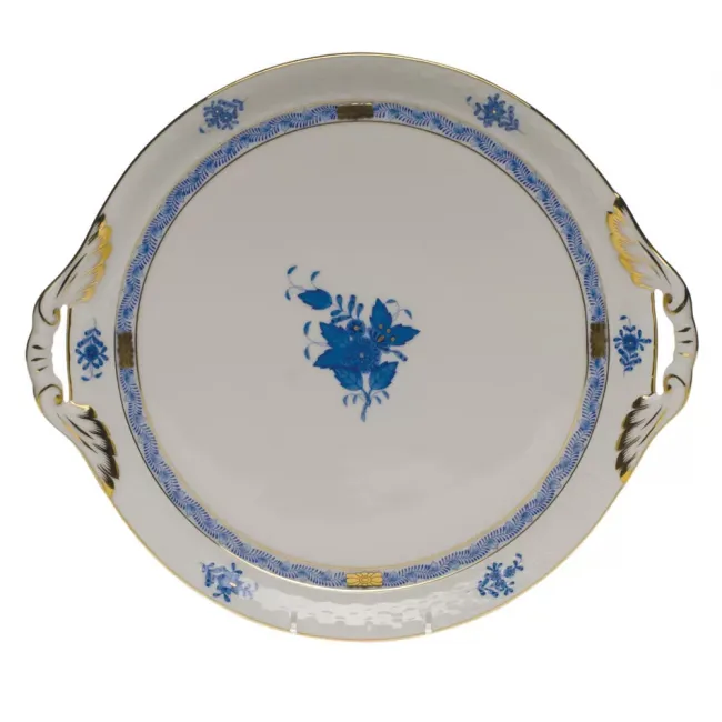 Chinese Bouquet Blue Round Tray With Handles 11.25 in D