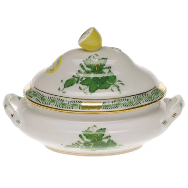 Chinese Bouquet Green Mini Tureen With Lemon 5 in L X 4 in H