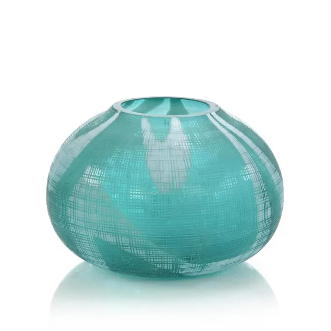 Aqua Green Etched Glass Vase II 8"H x 13"W x 13"D