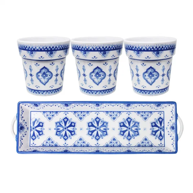 Moroccan Blue Melamine Set of 3 Small Herb Pots with Matching Rectangle Tray