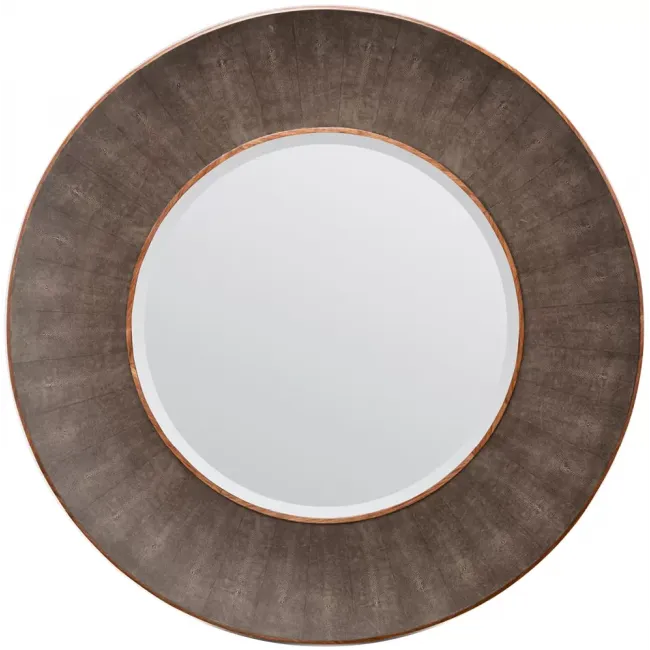 Armond Dark Mushroom Walnut Realistic Faux Shagreen Veneer Round Mirror