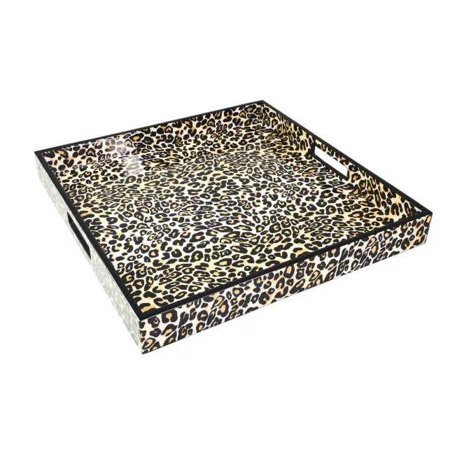 Lacquer Leopard Square Tray 14" x 14" x 2"H