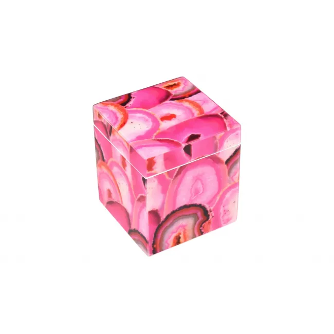 Lacquer Pink Agate Q-Tip Box 3.5" x 3.5" x 4"H