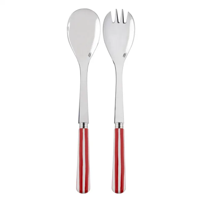 White Stripe Red 2-Pc Salad Serving Set 10.25" (Fork, Spoon)