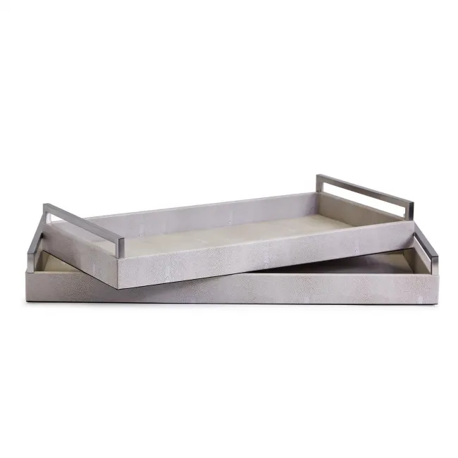 Silver Gray Faux Shagreen Set of 2 Decorative Trays with Brushed Silver Handle Vegan Leather/Stainless Steel