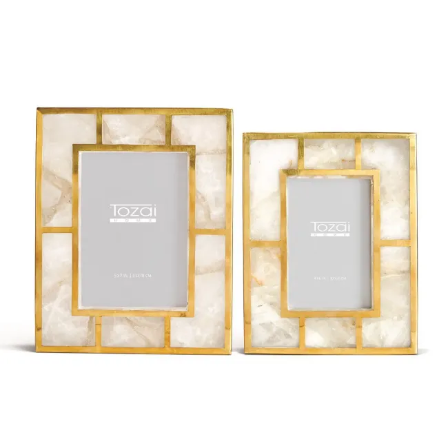 White Quartz Set of 2 Photo Frames with Brass Trim in Gift Box (4" x 6", 5" x 7") Genuine White Quartz/Glass/Steel/Brass