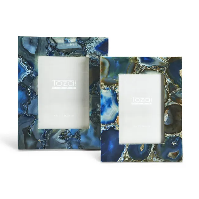 Tozai Genuine Blue Agate Set of 2 Photo Frames in Gift Box (4 x 6, 5 x 7)  Blue Agate