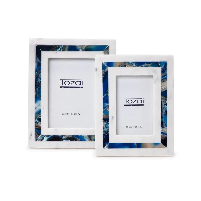 Blue Agate Inlay Set of 2 White Marble Picture Frames in Gift Box (4" x 6", 5" x 7")