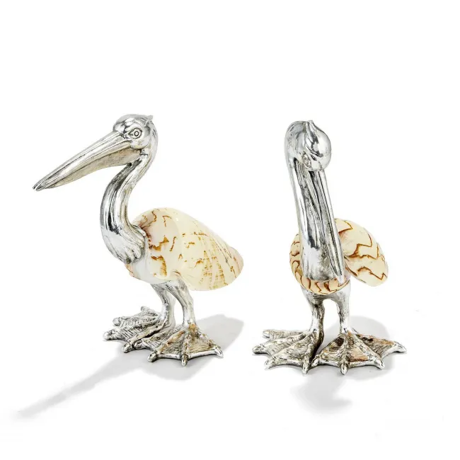 Set of 2 Shell Sculpture Pelicans Silver-Plated Resin/Cymbiola Nobilis Shell