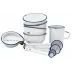 Tinware 7-Pc Prep Set White w/ Blue Rim (4 Small Bowls, 1 Measuring Spoon Set, 1 Creamer, 1 Spoon Rest)