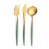 Goa Celadon Handle/Gold Matte 115 pc Set Special Order (12x: Dinner Knives, Dinner Forks, Table Spoons, Coffee/Tea Spoons, Dessert Knives, Dessert Forks, Dessert Spoons, Fish Knives, Fish Forks; 1x: Soup Ladle, Serving Spoon, Serving Fork, Sauce Ladle, Pie Server, Salad Set)