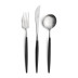 Goa Black Handle/Steel Matte 115 pc Set Special Order (12x: Dinner Knives, Dinner Forks, Table Spoons, Coffee/Tea Spoons, Dessert Knives, Dessert Forks, Dessert Spoons, Fish Knives, Fish Forks; 1x: Soup Ladle, Serving Spoon, Serving Fork, Sauce Ladle, Pie Server, Salad Set)