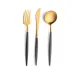 Goa Grey Handle/Gold Matte 115 pc Set Special Order (12x: Dinner Knives, Dinner Forks, Table Spoons, Coffee/Tea Spoons, Dessert Knives, Dessert Forks, Dessert Spoons, Fish Knives, Fish Forks; 1x: Soup Ladle, Serving Spoon, Serving Fork, Sauce Ladle, Pie Server, Salad Set)