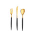 Mio Black Handle/Gold Matte 115 pc Set Special Order (12x: Dinner Knives, Dinner Forks, Table Spoons, Coffee/Tea Spoons, Dessert Knives, Dessert Forks, Dessert Spoons, Fish Knives, Fish Forks; 1x: Soup Ladle, Serving Spoon, Serving Fork, Sauce Ladle, Pie Server, Salad Set)