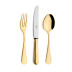 Sevigne Gold Polished 115 pc Set Special Order (12x: Dinner Knives, Dinner Forks, Table Spoons, Coffee/Tea Spoons, Dessert Knives, Dessert Forks, Dessert Spoons, Fish Knives, Fish Forks; 1x: Soup Ladle, Serving Spoon, Serving Fork, Sauce Ladle, Pie Server, Salad Set)