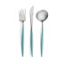 Goa Turquoise Handle/Steel Matte 115 pc Set Special Order (12x: Dinner Knives, Dinner Forks, Table Spoons, Coffee/Tea Spoons, Dessert Knives, Dessert Forks, Dessert Spoons, Fish Knives, Fish Forks; 1x: Soup Ladle, Serving Spoon, Serving Fork, Sauce Ladle, Pie Server, Salad Set)