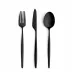 Solo Black Matte 115 pc Set Special Order (12x: Dinner Knives, Dinner Forks, Table Spoons, Coffee/Tea Spoons, Dessert Knives, Dessert Forks, Dessert Spoons, Fish Knives, Fish Forks; 1x: Soup Ladle, Serving Spoon, Serving Fork, Sauce Ladle, Pie Server, Salad Set)