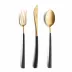 Noor Black Handle/Gold Matte 115-Pc Set Special Order (12X: Dinner Knives, Dinner Forks, Table Spoons, Coffee/Tea Spoons, Dessert Knives, Dessert Forks, Dessert Spoons, Fish Knives, Fish Forks; 1X: Soup Ladle, Serving Spoon, Serving Fork, Sauce Ladle, Pie Server, Salad Set)