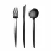 Goa All Black Matte 115 pc Set Special Order (12x: Dinner Knives, Dinner Forks, Table Spoons, Coffee/Tea Spoons, Dessert Knives, Dessert Forks, Dessert Spoons, Fish Knives, Fish Forks; 1x: Soup Ladle, Serving Spoon, Serving Fork, Sauce Ladle, Pie Server, Salad Set)