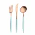 Goa Turquoise Handle/Rose Gold Matte 115 pc Set Special Order (12x: Dinner Knives, Dinner Forks, Table Spoons, Coffee/Tea Spoons, Dessert Knives, Dessert Forks, Dessert Spoons, Fish Knives, Fish Forks; 1x: Soup Ladle, Serving Spoon, Serving Fork, Sauce Ladle, Pie Server, Salad Set)