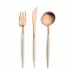 Goa Ivory Handle/Rose Gold Matte 115 pc Set Special Order (12x: Dinner Knives, Dinner Forks, Table Spoons, Coffee/Tea Spoons, Dessert Knives, Dessert Forks, Dessert Spoons, Fish Knives, Fish Forks; 1x: Soup Ladle, Serving Spoon, Serving Fork, Sauce Ladle, Pie Server, Salad Set)