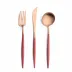 Goa Red Handle/Rose Gold Matte 115 pc Set Special Order (12x: Dinner Knives, Dinner Forks, Table Spoons, Coffee/Tea Spoons, Dessert Knives, Dessert Forks, Dessert Spoons, Fish Knives, Fish Forks; 1x: Soup Ladle, Serving Spoon, Serving Fork, Sauce Ladle, Pie Server, Salad Set)