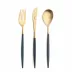 Mio Blue Handle/Gold Matte 115 pc Set Special Order (12x: Dinner Knives, Dinner Forks, Table Spoons, Coffee/Tea Spoons, Dessert Knives, Dessert Forks, Dessert Spoons, Fish Knives, Fish Forks; 1x: Soup Ladle, Serving Spoon, Serving Fork, Sauce Ladle, Pie Server, Salad Set)