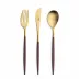 Mio Brown Handle/Gold Matte 115 pc Set Special Order (12x: Dinner Knives, Dinner Forks, Table Spoons, Coffee/Tea Spoons, Dessert Knives, Dessert Forks, Dessert Spoons, Fish Knives, Fish Forks; 1x: Soup Ladle, Serving Spoon, Serving Fork, Sauce Ladle, Pie Server, Salad Set)