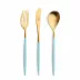 Mio Turquoise Handle/Gold Matte 115 pc Set Special Order (12x: Dinner Knives, Dinner Forks, Table Spoons, Coffee/Tea Spoons, Dessert Knives, Dessert Forks, Dessert Spoons, Fish Knives, Fish Forks; 1x: Soup Ladle, Serving Spoon, Serving Fork, Sauce Ladle, Pie Server, Salad Set)