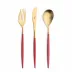 Mio Gold Red Handle/Steel Matte 115 pc Set Special Order (12x: Dinner Knives, Dinner Forks, Table Spoons, Coffee/Tea Spoons, Dessert Knives, Dessert Forks, Dessert Spoons, Fish Knives, Fish Forks; 1x: Soup Ladle, Serving Spoon, Serving Fork, Sauce Ladle, Pie Server, Salad Set)