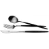 Goa Black Handle/Steel Matte 130 pc Set Special Order (12x: Dinner Knives, Dinner Forks, Table Spoons, Coffee/Tea Spoons, Mocha Spoons, Dessert Knives, Dessert Forks, Dessert Spoons, Fish Knives, Fish Forks; 1x: Soup Ladle, Serving Knife, Serving Fork, Serving Spoon, Sauce Ladle, Cheese Knife, Sugar Ladle, Pie Server, Fish Serving Knife, Fish Serving Fork)