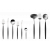 Goa Black Handle/Steel Matte 75 pc Set Special Order (12x: Dinner Knives, Dinner Forks, Table Spoons, Coffee/Tea Spoons, Dessert Knives, Dessert Forks; 1x: Soup Ladle, Serving Spoon, Serving Fork)