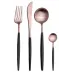 Goa Black Handle/Rose Gold Matte 115 pc Set Special Order (12x: Dinner Knives, Dinner Forks, Table Spoons, Coffee/Tea Spoons, Dessert Knives, Dessert Forks, Dessert Spoons, Fish Knives, Fish Forks; 1x: Soup Ladle, Serving Spoon, Serving Fork, Sauce Ladle, Pie Server, Salad Set)