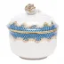 Fish Scale Blue Covered Sugar With Rose 6 Oz 4 in H