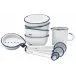 Tinware 7-Pc Prep Set White w/ Blue Rim (4 Small Bowls, 1 Measuring Spoon Set, 1 Creamer, 1 Spoon Rest)