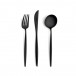 Moon Black Matte 130 pc Set Special Order (12x: Dinner Knives, Dinner Forks, Table Spoons, Coffee/Tea Spoons, Mocha Spoons, Dessert Knives, Dessert Forks, Dessert Spoons, Fish Knives, Fish Forks; 1x: Soup Ladle, Serving Knife, Serving Fork, Serving Spoon, Sauce Ladle, Cheese Knife, Sugar Ladle, Pie Server, Fish Serving Knife, Fish Serving Fork)