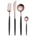 Goa Black Handle/Rose Gold Matte 75 pc Set Special Order (12x: Dinner Knives, Dinner Forks, Table Spoons, Coffee/Tea Spoons, Dessert Knives, Dessert Forks; 1x: Soup Ladle, Serving Spoon, Serving Fork)